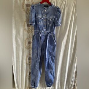 Retrofête Blue Denim Crew Neck Ruffled Distressed Jumpsuit
